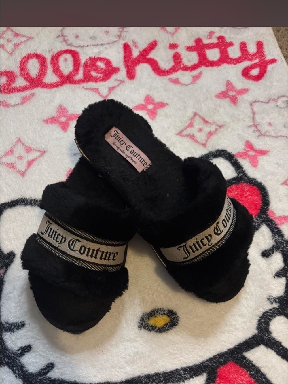 Juicy Couture Black Faux-Fur Slide Slippers